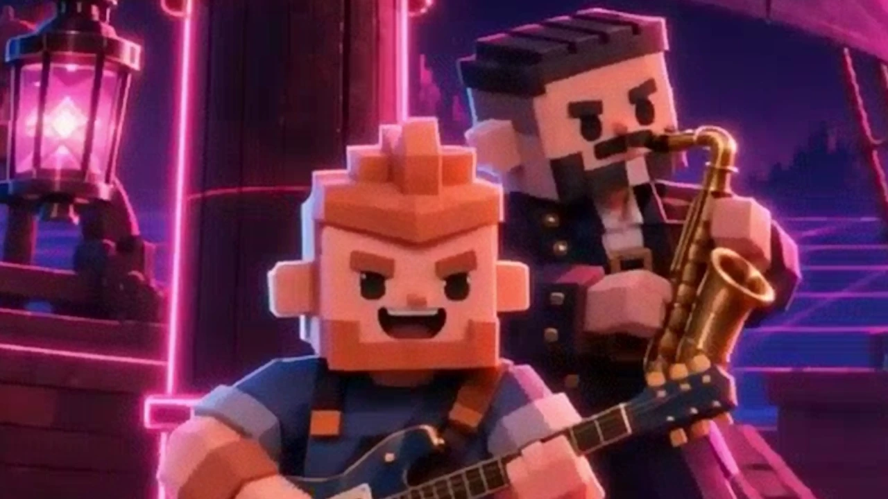Vaultara’s musicians playing guitar and saxophone under violet shipboard lights.