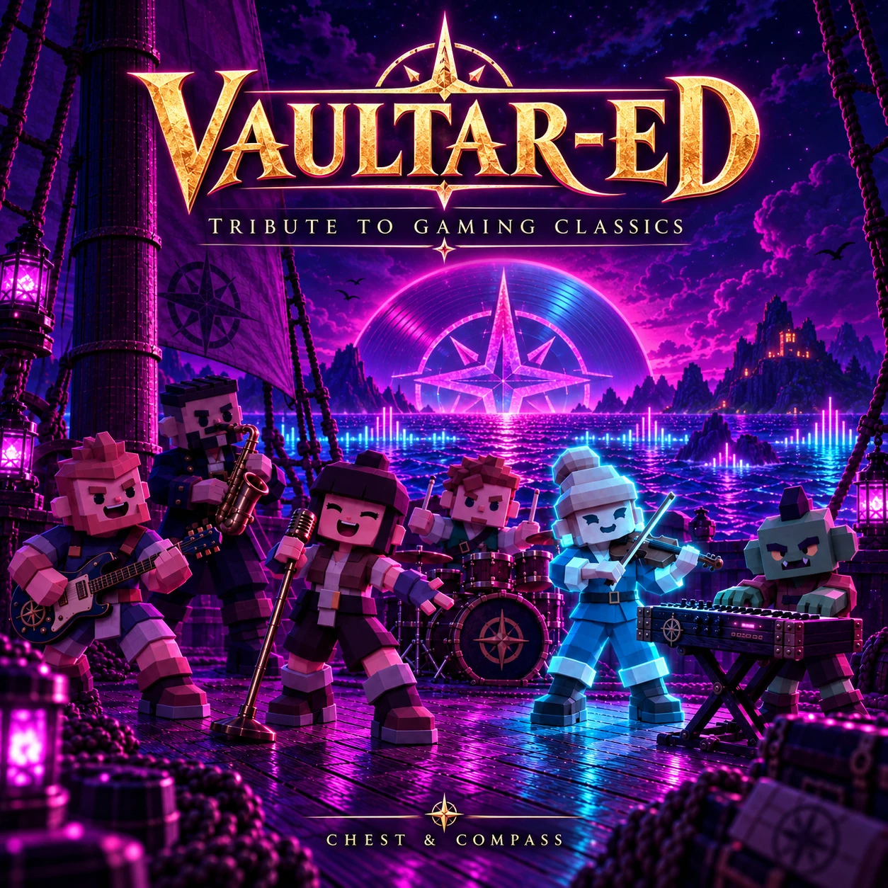 A ship and band lit in neon violet on the Vaultar-Ed tribute album cover.