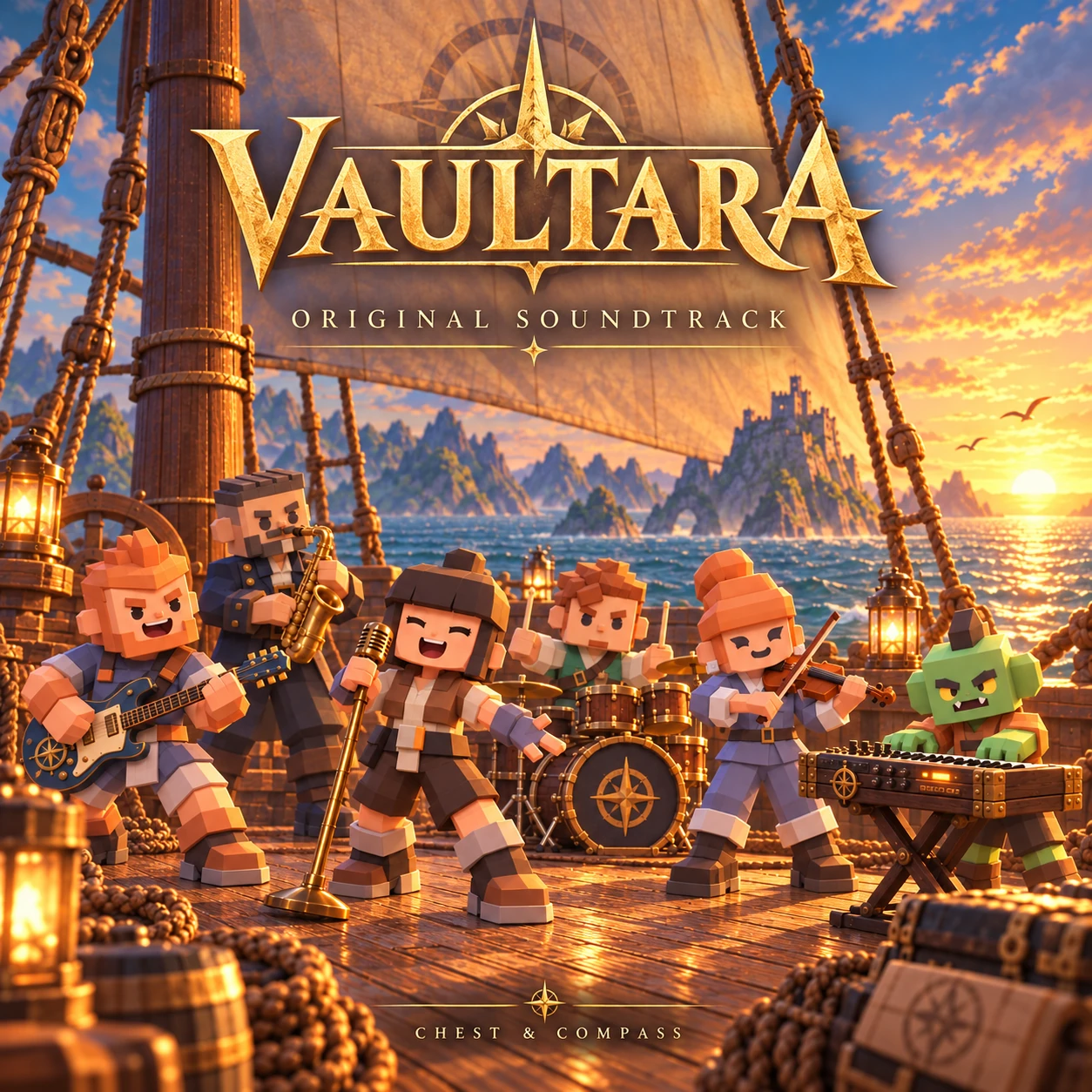 A sailing ship in golden sunset light on the Vaultara Original Soundtrack cover.
