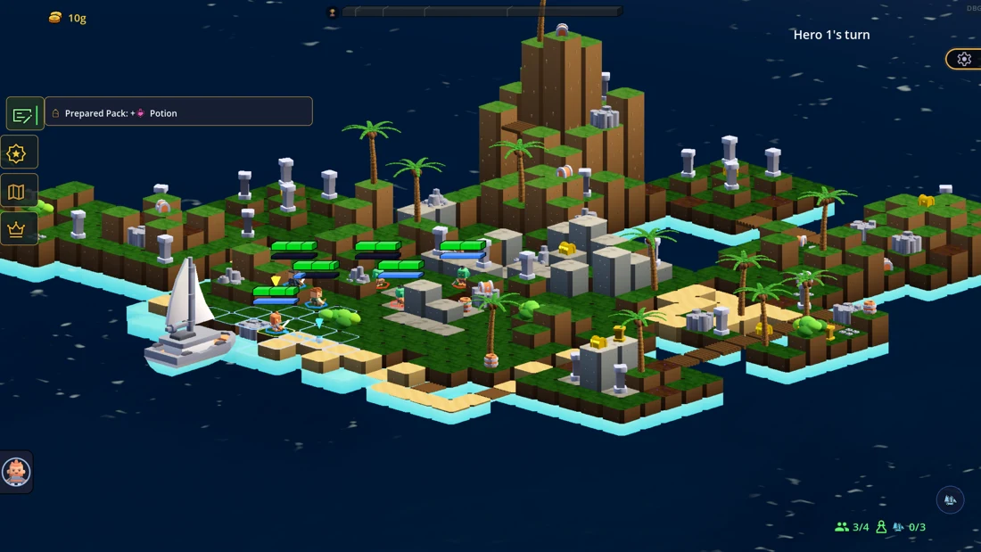 A crew exploring a voxel island with ruins and treasure, with the full game interface visible.