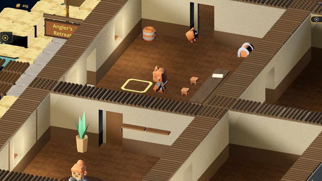 The Angler’s Retreat tavern interior with adventurers and the game interface.