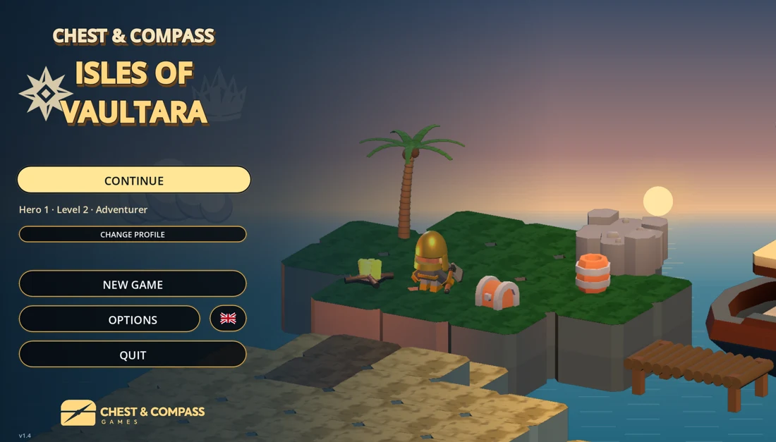 Vaultara version 1.4 title screen and main menu; this is a menu capture, not gameplay.