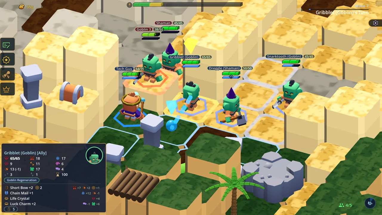 A mage and recruited goblins on the tactical battle grid.
