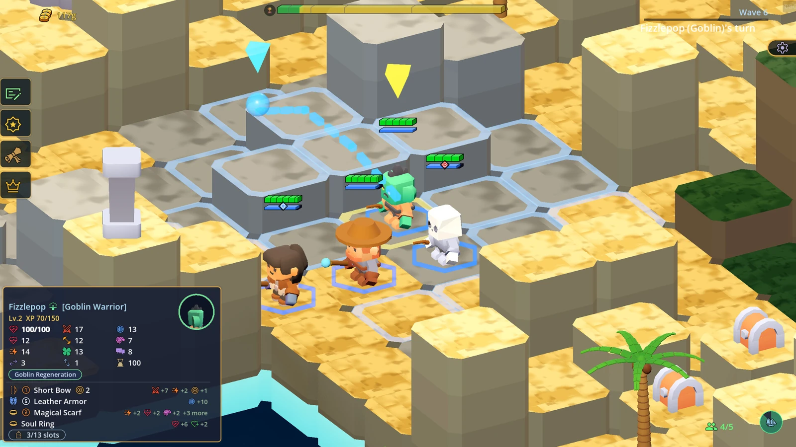 A crew exploring a sandy voxel island, with a tactical grid and trajectory preview visible.