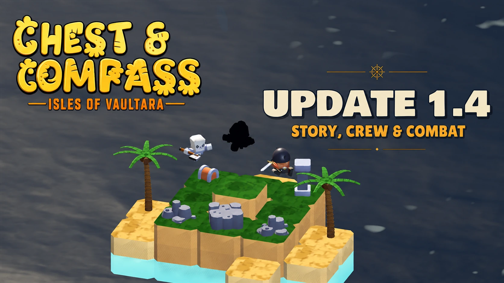 Vaultara update 1.4 promotional artwork featuring its voxel adventurers.